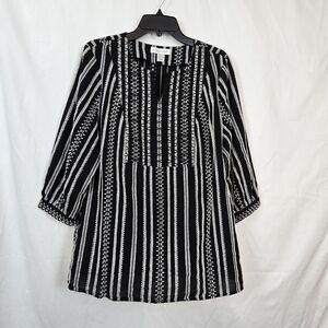 Christopher & Banks Black White Striped Textured 3/4 Sleeve Peasant Tunic‎ Top L